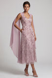 Vestido Mãe da Noiva Abito Negro com gola halter e lantejoulas A-Line Floral Midi com Mangas Capa
