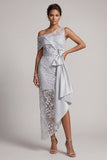 Vestido de Mãe da Noiva Floral Assimétrico de Sereia Com Faixa de Um Ombro