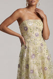 Vestido A-Line Dusty Sage Strapless Vestido Midi Floral Mãe da Noiva