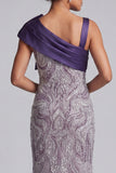 Vestido longo de mãe da noiva com laço roxo de missangas sereia com bolsos