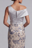 Vestido de mãe da noiva com lantejoulas bodycon cor prateado, floral de um ombro comprido com fenda