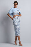Vestido Midi Mother of the Bride Bodycon Floral Bodycon Azul Celeste com Bolsos
