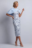 Vestido Midi Mother of the Bride Bodycon Floral Bodycon Azul Celeste com Bolsos