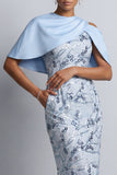 Vestido Midi Mother of the Bride Bodycon Floral Bodycon Azul Celeste com Bolsos