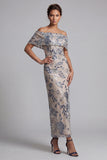 Vestido de mãe da noiva azul azul-marinho ombro com lantejoulas florais longas