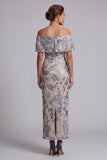 Vestido de mãe da noiva azul azul-marinho ombro com lantejoulas florais longas
