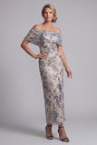 Vestido de mãe da noiva azul azul-marinho ombro com lantejoulas florais longas