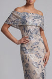 Vestido de mãe da noiva azul azul-marinho ombro com lantejoulas florais longas