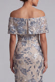 Vestido de mãe da noiva azul azul-marinho ombro com lantejoulas florais longas