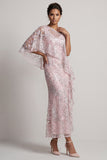 Vestido longo floral de mãe da noiva com lantejoulas de sereia de um ombro só, cor-de-rosa com capa