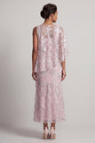 Vestido longo floral de mãe da noiva com lantejoulas de sereia de um ombro só, cor-de-rosa com capa