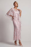 Vestido longo floral de mãe da noiva com lantejoulas de sereia de um ombro só, cor-de-rosa com capa