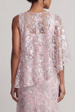 Vestido longo floral de mãe da noiva com lantejoulas de sereia de um ombro só, cor-de-rosa com capa