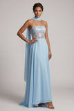 Espartilho transparente azul céu sem alças, lantejoulas, chiffon longo, vestido de mãe da noiva