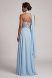Espartilho transparente azul céu sem alças, lantejoulas, chiffon longo, vestido de mãe da noiva