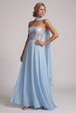 Espartilho transparente azul céu sem alças, lantejoulas, chiffon longo, vestido de mãe da noiva