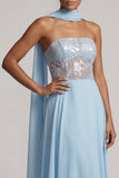 Espartilho transparente azul céu sem alças, lantejoulas, chiffon longo, vestido de mãe da noiva