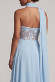 Espartilho transparente azul céu sem alças, lantejoulas, chiffon longo, vestido de mãe da noiva