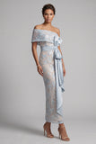 Vestido longo floral de mãe da noiva com laço em Lantejoulas Bodycon Bodycon Azul Empoeirado