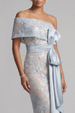 Vestido longo floral de mãe da noiva com laço em Lantejoulas Bodycon Bodycon Azul Empoeirado
