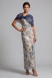 Lantejoulas Florais Azul-marinho Bodycon Vestido Longo Mãe da Noiva com Capa