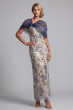 Lantejoulas Florais Azul-marinho Bodycon Vestido Longo Mãe da Noiva com Capa