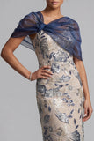 Lantejoulas Florais Azul-marinho Bodycon Vestido Longo Mãe da Noiva com Capa