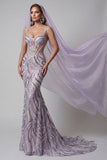 Espartilho Lilas, Lantejoulas, Vestido de Concurso Longo com Véus