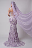 Espartilho Lilas, Lantejoulas, Vestido de Concurso Longo com Véus