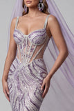 Espartilho Lilas, Lantejoulas, Vestido de Concurso Longo com Véus