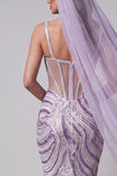 Espartilho Lilas, Lantejoulas, Vestido de Concurso Longo com Véus