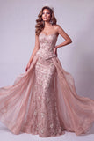 Sereia Blush Querida Floral Lantejoulas Renda Atrás Vestido de Concurso Folhos Sobressaia