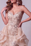 Sereia champanhe com alças finas, lantejoulas, vestido longo de concurso com cauda com folhos