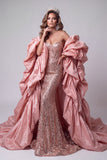 Espartilho Corset Cor Cor-de-Rosa Coração Rosa Vestido de Lantejoulas Longo com Cauda de Folhos