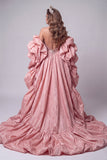 Espartilho Corset Cor Cor-de-Rosa Coração Rosa Vestido de Lantejoulas Longo com Cauda de Folhos