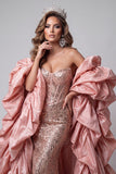 Espartilho Corset Cor Cor-de-Rosa Coração Rosa Vestido de Lantejoulas Longo com Cauda de Folhos
