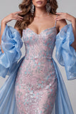 Sereia azul e cor-de-rosa, lantejoulas florais, alças finas, vestido de concurso longo, cauda com folhos