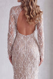 Vestido de concurso longo com franjas com champanhe sereia, gola alta e lantejoulas