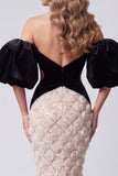 Vestido de concurso floral com recortes longos com Lantejoulas da Sereia Preta e Mangas Bufantes
