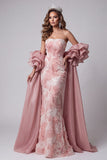 Vestido de concurso longo cor-de-rosa sereia cor-de-rosa com alças e cauda