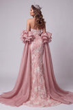 Vestido de concurso longo cor-de-rosa sereia cor-de-rosa com alças e cauda