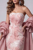 Vestido de concurso longo cor-de-rosa sereia cor-de-rosa com alças e cauda
