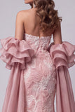 Vestido de concurso longo cor-de-rosa sereia cor-de-rosa com alças e cauda