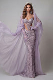Vestido longo de concurso com alças finas lilas, sereia recortada
