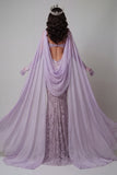 Vestido longo de concurso com alças finas lilas, sereia recortada