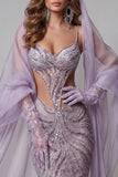 Vestido longo de concurso com alças finas lilas, sereia recortada