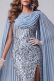 Sereia Cinzenta-Azul, Lantejoulas, Mangas Florais, Mangas Florais, Vestido de Concurso Comprido com Fenda
