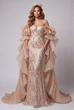 Vestido comprido de concurso com cauda e tremenda Champagne Sweetheart Mermaid Sequins