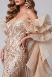 Vestido comprido de concurso com cauda e tremenda Champagne Sweetheart Mermaid Sequins