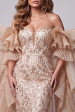 Vestido comprido de concurso com cauda e tremenda Champagne Sweetheart Mermaid Sequins